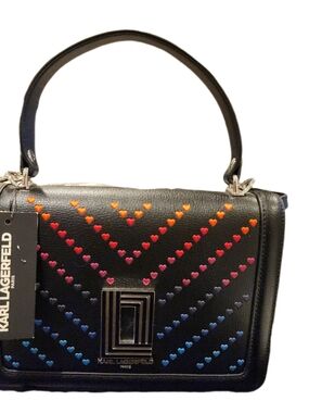 New Karl Lagerfeld Simone Ombre Heart Shoulder Bag Hearts Embroidered Black